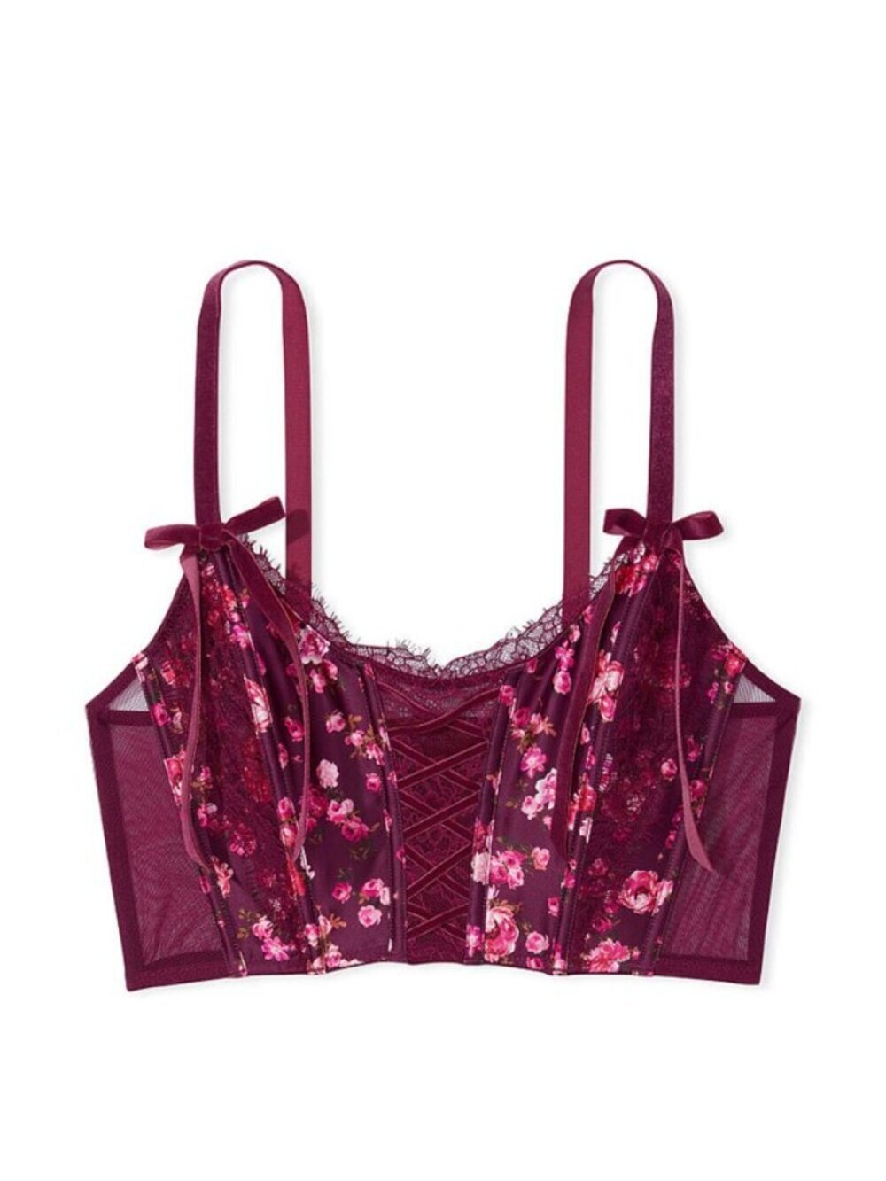 VICTORIA'S SECRET Peony Trellis Maroon Floral Lace Satin Bustier Top, Size M - Picture 3 of 15